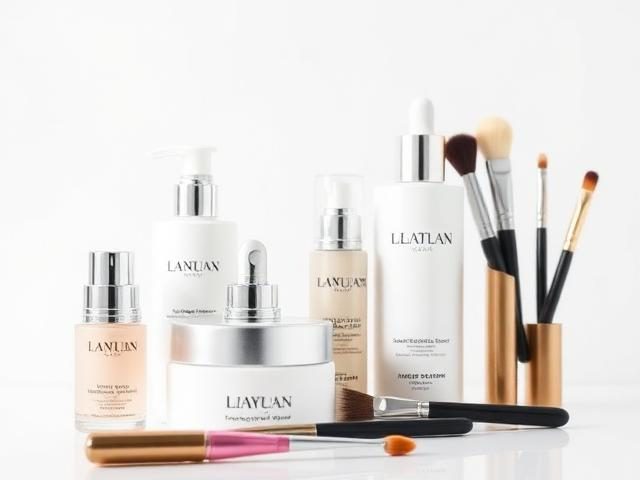 Skincare bottles, serums and makeup brushes arranged on a pale surface.