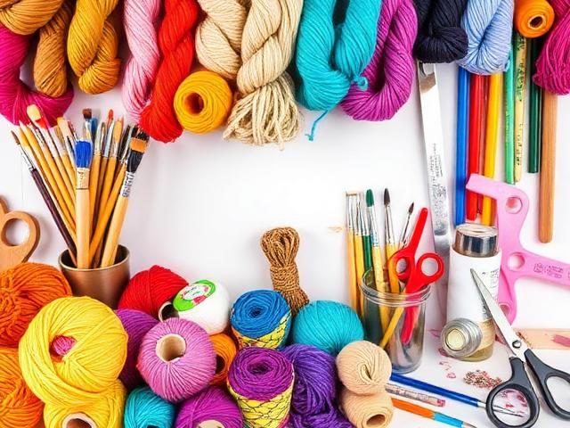 Yarn, brushes, pencils and craft supplies arranged on a pale surface.