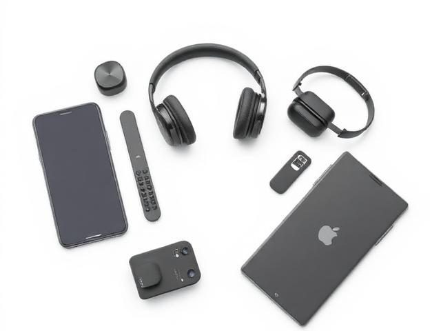 A phone, headphones, tablet and small electronic accessories laid out flat.