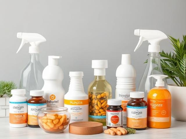 Household cleaning sprays and health supplement bottles grouped together.