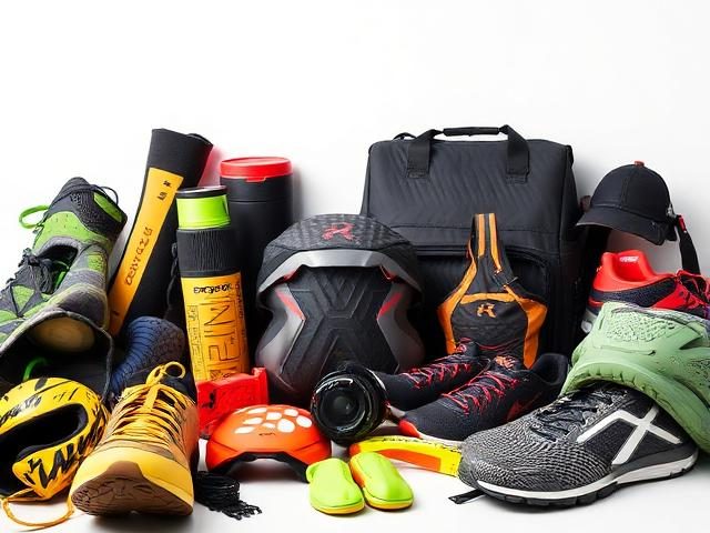 Trainers, a gym bag, weights and outdoor sports equipment grouped together.