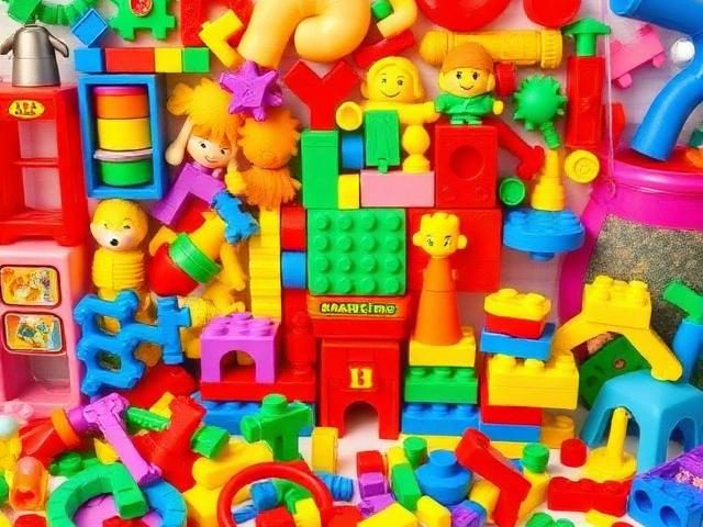 A dense arrangement of colourful plastic toys and building blocks.